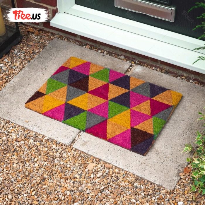 Welcome Doormat Colourful Triangles Non slip Door Mat Natural Coir Indoor 1