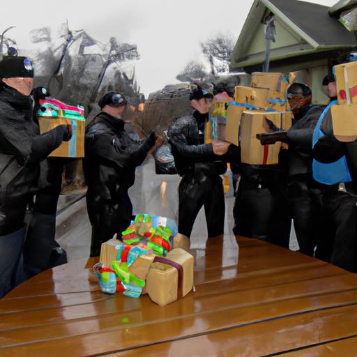 A group of police officers receive gifts from the community as a way to say thank you for their service and sacrifice.