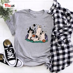 Funny Ghost Cat Shirt Retro Halloween Witch Costume Tee 2